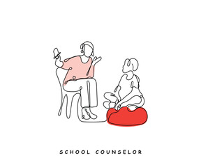 Continuous line art of a school counselor in a session with a kid. School teacher line art.