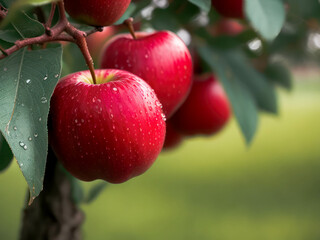 Branch with natural apples on blurred background of apple orchard in golden hour. Concept organic, local, season fruits and harvesting