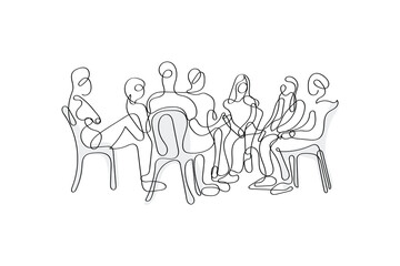 Hand-drawn line art vector of Group Psychotherapy Sessions. Psychology line art. Mental health and social bonds