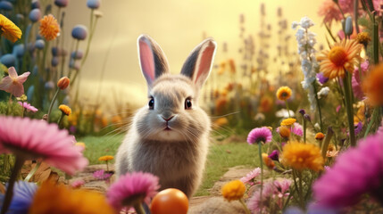 Fototapeta na wymiar Easter Bunny Delivers Eggs in a Flower Garden