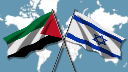 Israel against Palestine, the flags of the two countries with the blurred world map in the background