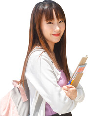 Portrait of asian woman university student with bag and stationery isolated cutout white background