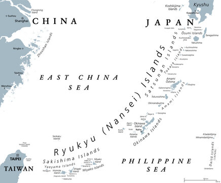 Ryukyu Islands, also known as Nansei Islands, gray political map. The Ryukyu Arc, a Japanese, mostly volcanic island chain stretching from Kyushu, Japan, to westernmost Yonaguni Island east of Taiwan.