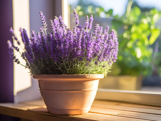 Purple lavender plant in a pot at home on window sill, with sunlight