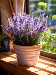 Fototapeta premium Purple lavender plant in a pot at home on window sill, with sunlight