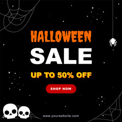 Mysterious Halloween Night Square Layout Template : Promote your Halloween event with square pixel 1:1 template for social media  With a white skull, cobwebs, and spider on a black background.