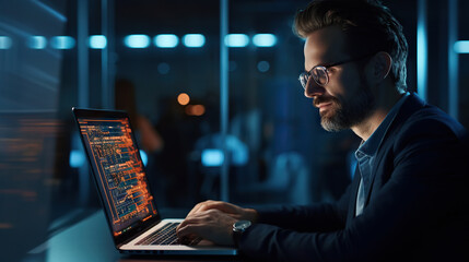 Man working on a laptop at the data center. Digital world in male professional hands. Copy space