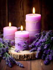 Obraz na płótnie Canvas Purple aroma lavender candles on wooden table, dark blurred background