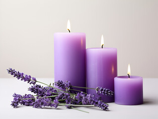 Obraz na płótnie Canvas Purple aroma lavender candles on white table, mock up with copy space