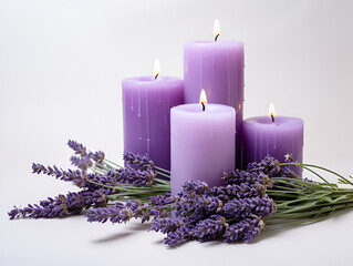 Obraz na płótnie Canvas Purple aroma lavender candles on white table, mock up with copy space
