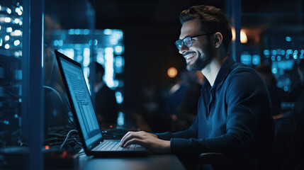 Man working on a laptop at the data center. Digital world in male professional hands. Copy space
