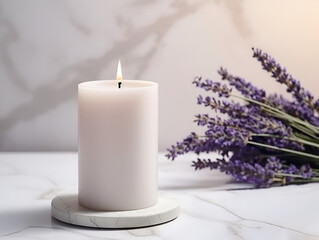 White aroma lavender candle on white marble table, product mock up with copy space