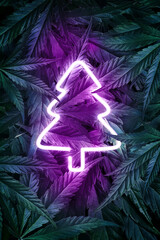 Symbol of the New Year, a neon tree on a background of marijuana leaves. Glowing Christmas tree on the backdrop with marijuana. Template for New Year design for hemp