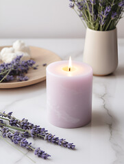 Obraz na płótnie Canvas White aroma lavender candle on white marble table, product mock up with copy space