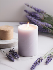 White aroma lavender candle on white table. mock up with copy space
