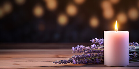 Purple aroma lavender candle on wooden table, mock up with copy space