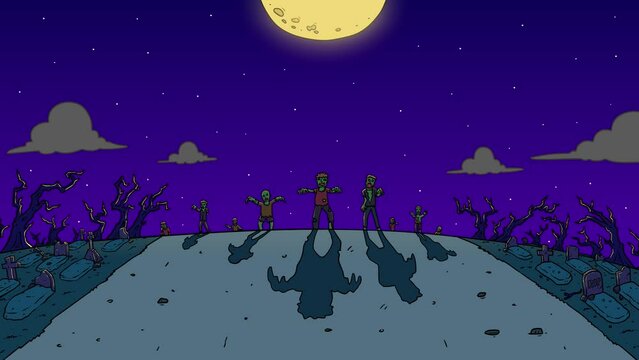 Zombies Walking In The Graveyard At Night