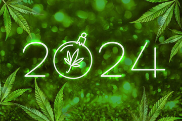 The inscription 2024 in neon on a green background with bokeh and marijuana leaves. Holiday New Year numbers on a shiny cannabis backdrop. New Year banner for CBD - obrazy, fototapety, plakaty