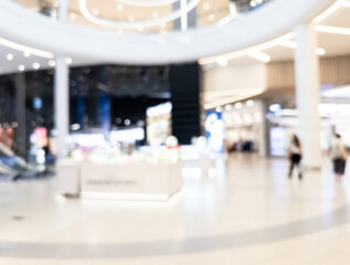 Abstract blurred background of modern luxury department store hall or shopping center mall. Blurred lights background. Blurred defocused bokeh lights with modern white interior architecture