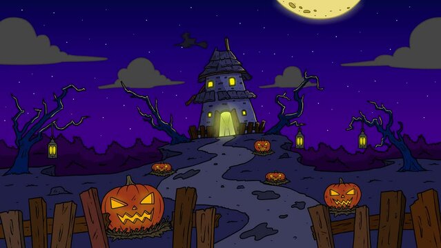 Halloween Pumpkin In Front Of A Castle At Scary Night