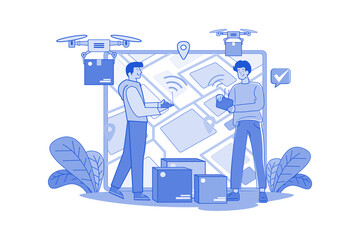 Guy with tablet caused boxed cargo delivery via electric wireless drone
