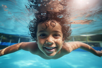 Face of cute indian little boy while swimming