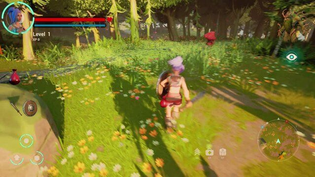 Gameplay of 3D Fantasy Role Playing Video Game Featuring Female Character. Fun Tactical Arcade with Hero Character on Adventure, Running, Fighting Enemies in Magical Forest. Cyber Championship