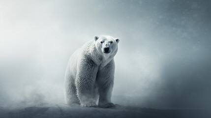 Polar bear peeking over pastel bright background. advertisement, banner, card. copy text space - obrazy, fototapety, plakaty