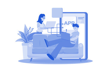 Product team programming mobile app with laptop