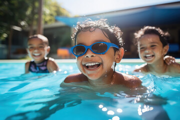 Cute little child group swimming together at swimming pool - obrazy, fototapety, plakaty