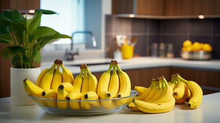 Fresh bananas in a bowl. Glass plate with handle with banana on table on light colored background