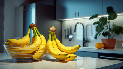 Fresh bananas in a bowl. Glass plate with handle with banana on table on light colored background