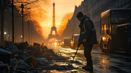 A street cleaner sweeping the streey of Paris early in the morning