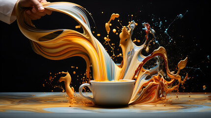 an abstract representation of a coffee art session, with a skilled barista pouring steamed milk into a coffee cup in a dynamic, splashing motion, celebrating the artistry of coffee-making and creativi - obrazy, fototapety, plakaty