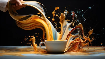  an abstract representation of a coffee art session, with a skilled barista pouring steamed milk into a coffee cup in a dynamic, splashing motion, celebrating the artistry of coffee-making and creativi © Alin