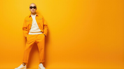 Full body photo of cool guy wear orange jacket wear glasses isolated on yellow color background. - Powered by Adobe