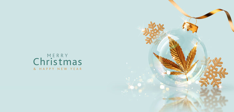 Abstract minimal Christmas background, transparent Christmas ball with golden cannabis leaf. New Year's holiday backdrop for CBD and marijuana Festive poster, website header, banner, postcard