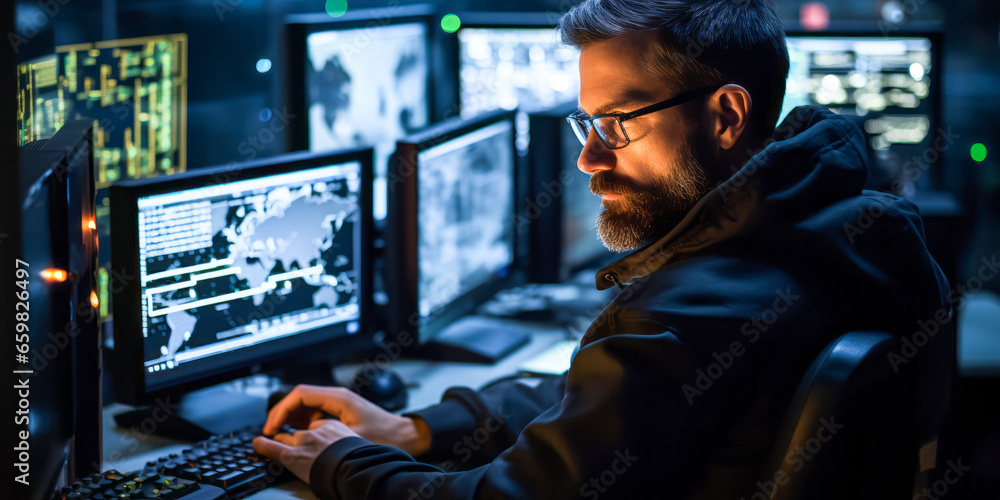 Poster portrait of computer security specialist. plan & implement security measures for information systems