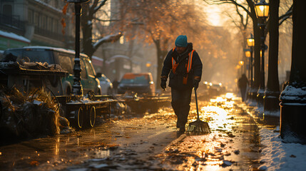 A street cleaner sweeping the street in the morning 
