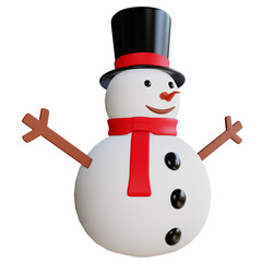 PNG image of 3D snowman with red scarf wearing a black hat and wooden hands