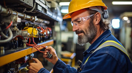 portrait of Control and Valve Installer Repairer. Install, repair, maintain mechanical regulating & controlling devices: electric meters, gas regulators, thermostats, safety flow valves and governors - obrazy, fototapety, plakaty