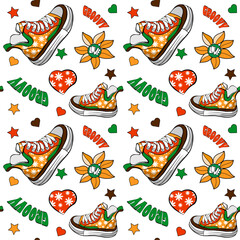  seamless patterns with sneakers and heart, stars. seamless pattern with hand drawn elements 