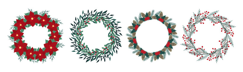 Christmas wreath with poinsettia, leaves, branches, berries, holly, pine cone. Winter floral collection. Vector frame, arrangement. Hand drawn Happy New Year illustration isolated on white background