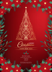 Christmas invitation card of golden Christmas tree, poinsettia, leaves, branches, berries, holly, star. Happy New Year symbol, ornate element for winter holidays. Floral illustration on red background