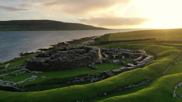 Aerial of the Iron Age Broch of Gurness on the island of Mainland, Orkney Islands, Scotland