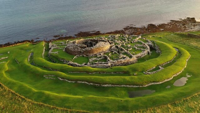 Aerial of the Iron Age Broch of Gurness on the island of Mainland, Orkney Islands, Scotland
