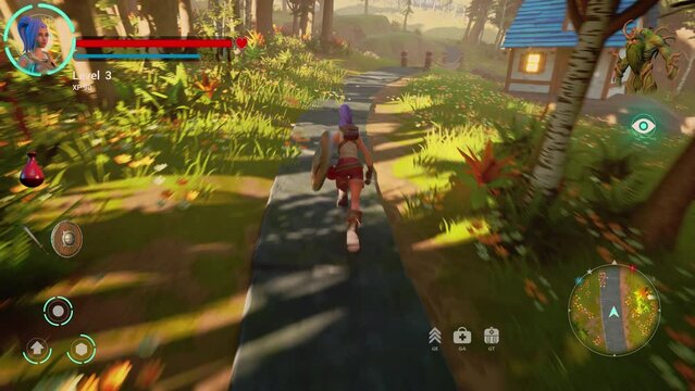 Video Game Mock-up: Playable Character in Beautiful Bright 3D Video Game. Fantasy RPG Featuring Female Hero Character on Adventure in Magical Forest, Discovering, Running Towards Goal Marked on Map
