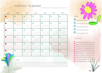 flower hand drawn clean design monthly plan and calendar template - obrazy, fototapety, plakaty
