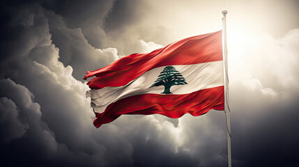 Dramatic skies behind the billowing Lebanon flag