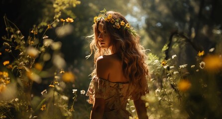 Beautiful woman in flower wreath on the meadow in forest. Floral crown, symbol of summer solstice. Midsummer, wiccan Litha sabbat. pagan holiday Ivan Kupala. - obrazy, fototapety, plakaty